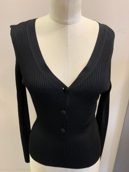 Womens, Pullover, LEITH, Black, Nylon, Rayon, Textured Fabric, S, 3 Button Front Plaque  Ribbed Texture