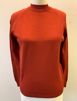 Womens, Sweater, DESIGNER'S ORIGINALS, Brick Red, Synthetic, Solid, B:34, Knit, Pullover, Ribbed Mock Neck, Raglan Sleeves, Fitted, Zipper at Center Back Neck, Late 1960's