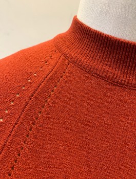 Womens, Sweater, DESIGNER'S ORIGINALS, Brick Red, Synthetic, Solid, B:34, Knit, Pullover, Ribbed Mock Neck, Raglan Sleeves, Fitted, Zipper at Center Back Neck, Late 1960's