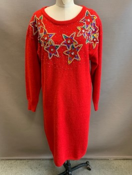 JANE ASHLEY, Red, Multi-color, Gold, Silver, Acrylic, Rhinestones, Stars, Sweater Dress, Red Knit with Gold and Silver Beaded Stars Across Chest, Filled with Colorful Rhinestones, Long Sleeves, Scoop Neck, Knee Length, Padded Shoulders,
