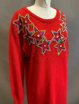 Womens, Dress, JANE ASHLEY, Red, Multi-color, Gold, Silver, Acrylic, Rhinestones, Stars, M, Sweater Dress, Red Knit with Gold and Silver Beaded Stars Across Chest, Filled with Colorful Rhinestones, Long Sleeves, Scoop Neck, Knee Length, Padded Shoulders,