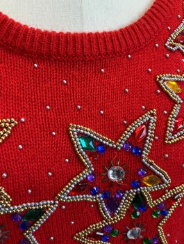 JANE ASHLEY, Red, Multi-color, Gold, Silver, Acrylic, Rhinestones, Stars, Sweater Dress, Red Knit with Gold and Silver Beaded Stars Across Chest, Filled with Colorful Rhinestones, Long Sleeves, Scoop Neck, Knee Length, Padded Shoulders,