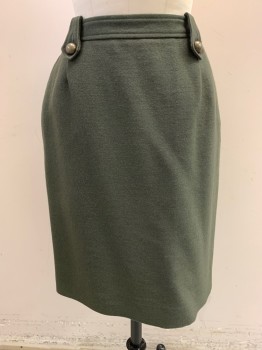 Womens, Skirt, Knee Length, YVES SAINT LAURENT, Dk Olive Grn, Mohair, Polyamide, Solid, W: 27, 4 Loops & Brass Round Buttons, Button & Tab on Waist Side, Zip Side, Slant Pockets