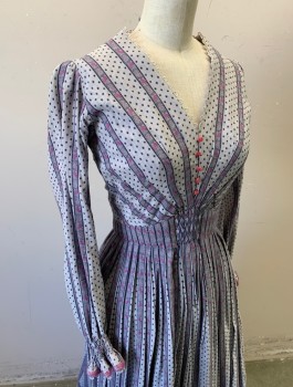 N/L MTO, Gray, Navy Blue, Purple, Cotton, Stripes - Vertical , Dots, Long Sleeves, V-neck, Smocked Panel at Center Front Waist, 5 Tiny Pink Buttons at Bust, Gathered Waist, Smocked Cuffs, Floor Length, 1800's Old West/Prairie