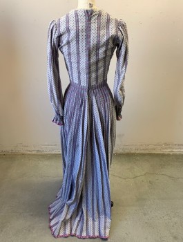 Womens, Historical Fiction Dress, N/L MTO, Gray, Navy Blue, Purple, Cotton, Stripes - Vertical , Dots, W:24, B:32, Long Sleeves, V-neck, Smocked Panel at Center Front Waist, 5 Tiny Pink Buttons at Bust, Gathered Waist, Smocked Cuffs, Floor Length, 1800's Old West/Prairie