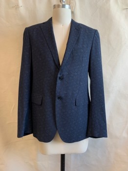 Mens, Sportcoat/Blazer, ETRO, Navy Blue, Multi-color, Wool, Paisley/Swirls, Diamonds, 36S, Single Breasted, 2 Buttons, Single Breasted, 3 Pockets, 4 Button Cuffs, 2 Back Vents, Black and Light Blue Paisley and Diamond Pattern