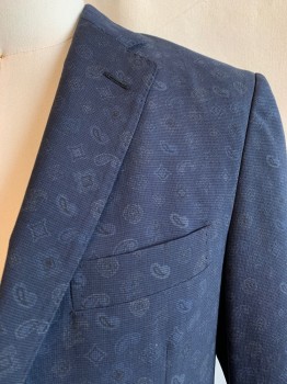 ETRO, Navy Blue, Multi-color, Wool, Paisley/Swirls, Diamonds, Single Breasted, 2 Buttons, Single Breasted, 3 Pockets, 4 Button Cuffs, 2 Back Vents, Black and Light Blue Paisley and Diamond Pattern