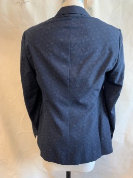 ETRO, Navy Blue, Multi-color, Wool, Paisley/Swirls, Diamonds, Single Breasted, 2 Buttons, Single Breasted, 3 Pockets, 4 Button Cuffs, 2 Back Vents, Black and Light Blue Paisley and Diamond Pattern