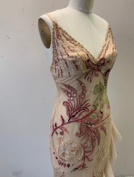 Womens, Evening Gown, MANDALAY, Beige, Red Burgundy, Green, Champagne, Polyester, Beaded, Floral, B:34, Sz.8, W:28, Poly/ Jersey Knit Underlayer, Sheer Net Overlay with Embroidered Flowers/ Sequins/ Beads, Spaghetti Straps, Empire Waist, Fitted Through Hips, Godets Below Knee, Floor Length Raw Edge Hem