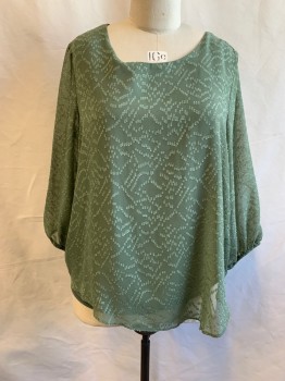 ALYX, Dk Olive Grn, Polyester, Rayon, Abstract Rectangular Boucle Chiffon, Scoop Neck, 3/4 Sleeve with Elastic Cuff, Solid Knit Lining