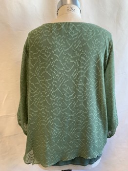 ALYX, Dk Olive Grn, Polyester, Rayon, Abstract Rectangular Boucle Chiffon, Scoop Neck, 3/4 Sleeve with Elastic Cuff, Solid Knit Lining