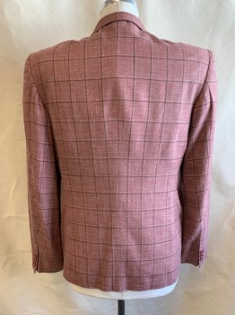 Mens, Blazer/Sport Co, NL , Rose Pink, Black, Beige, Wool, Plaid, 42L, Notched Lapel, Single Breasted, Button Front, 1  Button, 3 Pockets