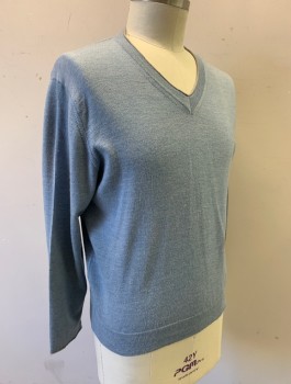 TOSCANO, Slate Blue, Wool, Solid, Knit, V-neck, Long Sleeves, Gray Edging at Neck and Wrists