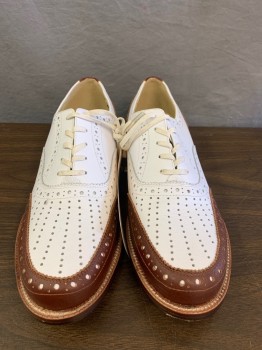 Mens, Shoes, RE-MIX, White, Brown, Leather, 9.5, Spectators, Brogues