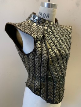 Mens, Sci-Fi/Fantasy Armour, N/L MTO, Faded Black, Silver, Leather, Metallic/Metal, 38, Black Leather Molded Chest Plate, with Curved Geometric Metal Bits in Vertical Stripes, Fold Over Front, Lace Up Closure in Back, Made To Order