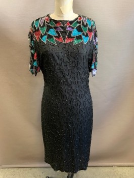 Womens, Cocktail Dress, N/L, Black, Fuchsia Pink, Turquoise Blue, Teal Blue, Green, Silk, Beaded, Abstract , Swirl , W:32, B:36, H:38, Chiffon Covered in Swirled Black Seed Beads. Shoulders Have Colorful Sequinned "Feathers", Short Sleeves with Jagged Edges, Round Neck, Knee Length, Open at Back Shoulders,