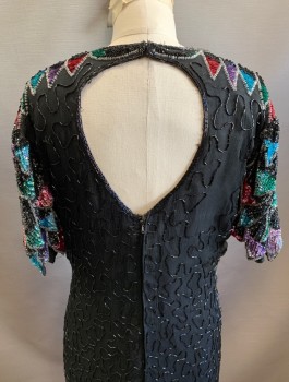 N/L, Black, Fuchsia Pink, Turquoise Blue, Teal Blue, Green, Silk, Beaded, Abstract , Swirl , Chiffon Covered in Swirled Black Seed Beads. Shoulders Have Colorful Sequinned "Feathers", Short Sleeves with Jagged Edges, Round Neck, Knee Length, Open at Back Shoulders,