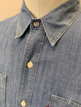 LEVI'S, Denim Blue, Cotton, Solid, Chambray, L/S, Button Front, Collar Attached, 1 Patch Pocket