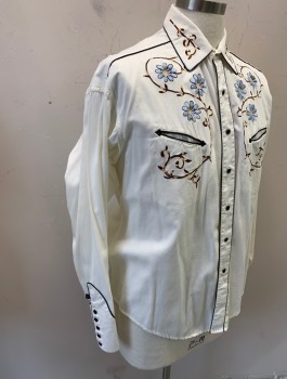 Mens, Western, ROCKMOUNT RANCHWEAR, White, Black, Multi-color, Cotton, Novelty Pattern, Floral, L, Retro, Embroidered Vines and Flowers at Front, L/S, Snap Front, Collar Attached, Black Piping Accents, 2 Curved Welt Pockets at Chest, Western Yoke in Back