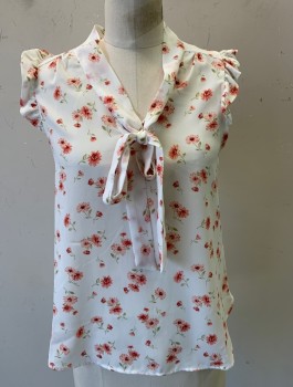 SWEET RAIN, White, Coral Pink, Olive Green, Polyester, Floral, Crepe, Sleeveless, Self Ties at Neck, Ruffles at Arm Opening, Pullover
