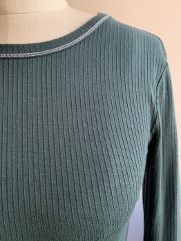 FOREVER 21, Forest Green, Rayon, Spandex, Solid, CN, L/S, White Stitching, Ribbed