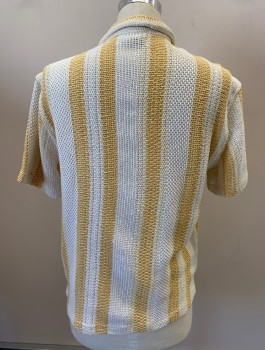 ZARA, Off White, Yellow, Cotton, Acrylic, Stripes - Vertical , Button Front, S/S, C.A., Open Weave