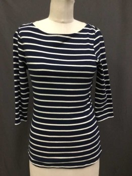 ZARA, Navy Blue, White, Cotton, Stripes - Horizontal , Bateau/Boat Neck, 3/4 Sleeves