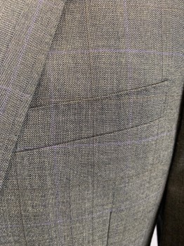 J.CREW, Dk Gray, Lavender Purple, Chestnut Brown, Wool, Cupro, Herringbone, Plaid-  Windowpane, Notched Lapel, Single Breasted, Out Breast Pocket, 2 Pockets, 2 Buttons, Working Cuff, 2 Darts at Back, 2 Vents