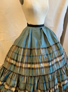 Womens, Historical Fiction Skirt, N/L MTO, Teal Blue, Brown, Beige, Silk, Plaid, Solid, W:24, Mid 1800's Made To Order, Taffeta, Solid Teal at Hips, Gathered Plaid Horizontal Panels Below That, 1" Wide Black Taffeta Waistband, Floor Length