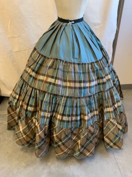 N/L MTO, Teal Blue, Brown, Beige, Silk, Plaid, Solid, Mid 1800's Made To Order, Taffeta, Solid Teal at Hips, Gathered Plaid Horizontal Panels Below That, 1" Wide Black Taffeta Waistband, Floor Length