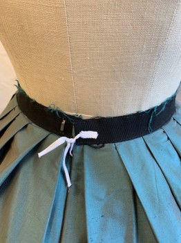 N/L MTO, Teal Blue, Brown, Beige, Silk, Plaid, Solid, Mid 1800's Made To Order, Taffeta, Solid Teal at Hips, Gathered Plaid Horizontal Panels Below That, 1" Wide Black Taffeta Waistband, Floor Length
