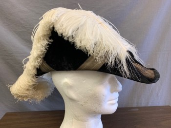 Mens, Historical Fiction Hat , N/L, Black, White, Silver, Silk, Metallic/Metal, Solid, 53, 6 5/8, Early 1800s, Bicorn, Black Silk Velvet with Tarnished Silver Ribbon, Ostrich Feather From Front to Back, 20 3/4", Naval, Navy, Uniform