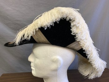 Mens, Historical Fiction Hat , N/L, Black, White, Silver, Silk, Metallic/Metal, Solid, 53, 6 5/8, Early 1800s, Bicorn, Black Silk Velvet with Tarnished Silver Ribbon, Ostrich Feather From Front to Back, 20 3/4", Naval, Navy, Uniform