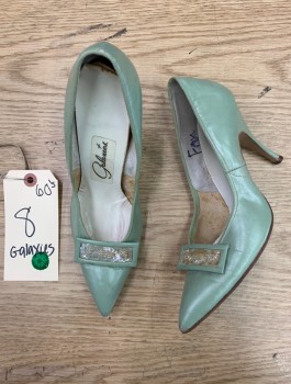 Womens, Shoe, GALAXIES, Sage Green, Iridescent White, Sequins, Leather, Solid, 8, PUMPS, Pointed Toes, Rectangle with White Iridescent Sequins