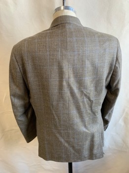 RALPH LAUREN, Lt Brown, Blue, Wool, Silk, Plaid-  Windowpane, Single Breasted, 2 Buttons,  3 Pockets, Notched Lapel, Double Vent