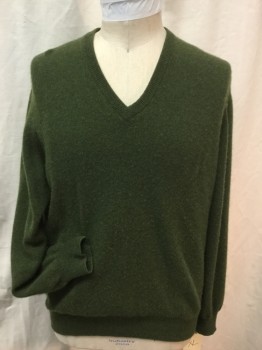 BROOKS BROTHERS, Olive Green, Cashmere, Solid, V-neck, Long Sleeves, Ribbed Knit at Neckline, Ribbed Cuffs, Ribbed Waistband