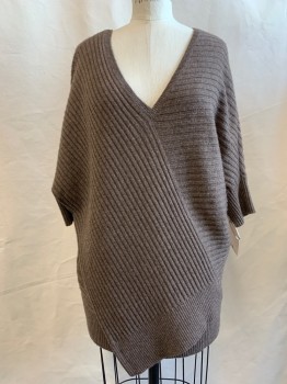 VINCE, Brown, Wool, Heathered, Deep V-neck, Short Sleeves, Cross Over Front Detail, V Back, Horizontally and Vertically Ribbed