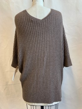 VINCE, Brown, Wool, Heathered, Deep V-neck, Short Sleeves, Cross Over Front Detail, V Back, Horizontally and Vertically Ribbed