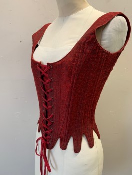 Womens, Historical Fiction Corset, N/L MTO, Dk Red, Red, Cotton, Leaves/Vines , B32-36, S, W26-28, Brocade, Scoop Neck, 1" Wide Straps, Boned Structure, Lace Up at Front and Back, Tabbed Waist Made To Order Reproduction 1600's