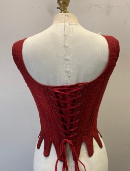 Womens, Historical Fiction Corset, N/L MTO, Dk Red, Red, Cotton, Leaves/Vines , B32-36, S, W26-28, Brocade, Scoop Neck, 1" Wide Straps, Boned Structure, Lace Up at Front and Back, Tabbed Waist Made To Order Reproduction 1600's