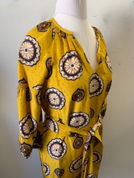 WHISTLES, Mustard Yellow, Navy Blue, Beige, Brown, Rayon, Medallion Pattern, Dots, 3/4 Raglan Sleeves, Round Neck with V-Notch, Smocking Around Neckline, Knee Length, Belt Loops, **With Matching Fabric BELT