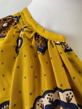 WHISTLES, Mustard Yellow, Navy Blue, Beige, Brown, Rayon, Medallion Pattern, Dots, 3/4 Raglan Sleeves, Round Neck with V-Notch, Smocking Around Neckline, Knee Length, Belt Loops, **With Matching Fabric BELT