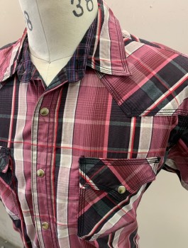 WRANGLER, Wine Red, Black, Lt Gray, Red, Cotton, Plaid, S/S, Snap Front, 2 Chest Pockets, Marbled Snaps