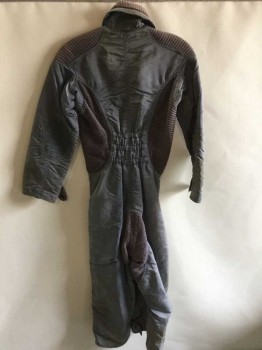 Womens, Sci-Fi/Fantasy Jumpsuit, MTO, Gray, Maroon Red, Nylon, Cotton, Solid, Color Blocking, 62Grth, 32B, Zipper Center Front, with Snaps, Collar Attached, Long Sleeves, Cotton Ribbed Collar/Sides/Shoulders, Trapunto, Quilted, Maroon Piping,