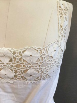 Womens, Camisole 1890s-1910s, White, Cotton, Solid, B36, Diamond/square Crochet Lace Yoke Front & Back. Square Neckline, Sleeveless, Drawstring Waist