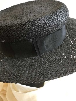 Womens, Hat 1890s-1910s, GIORGIO, Black, Synthetic, Basket Weave, HAT:  Black Basket Weaving, Stiff Hat, Large Black Ribbon W/self Bow Around Crown,