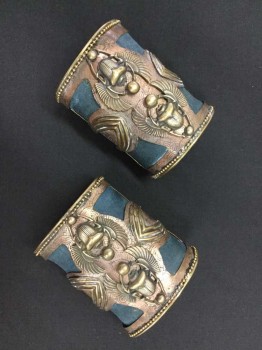Unisex, Historical Fiction Jewelry, Copper Metallic, Teal Blue, Brass Metallic, Suede, Metallic/Metal, 1 Pair Of Egyptian Cuffs     See Photo Attached, Scarab With Wings