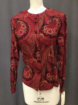 LEE WINTER, Red, Black, Gold, Olive Green, Rayon, Paisley/Swirls, Button Front, Long Sleeves, Side Hem Slits, Shoulder Pads