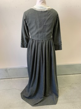 Womens, Dress 1890s-1910s, N/L MTO, Olive Green, Black, Cotton, Plaid - Tattersall, W32, B38, L/S, Button Front, Buttons Have Silver Crown Detail, White Rounded Collar with Crochet Lace Edge, Gathered Waist, Ankle Length, Made To Order, Working Class