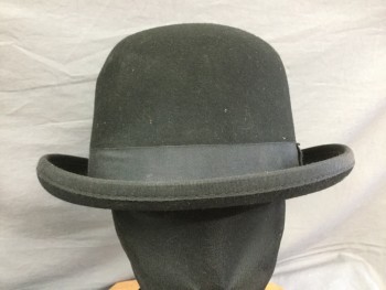 Mens, Bowler Hat 1890s-1910s, DORFMAN PACIFIC, Black, Wool, 7 1/4, Grosgrain Hat Band with Bow, Felted Wool, Derby Hat, Multiples,